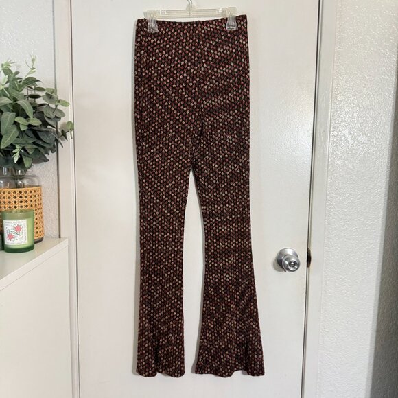 ☀️ FREE PEOPLE Brown Ditzy Floral Flared Pants Party Pull On Metallic Small Boho - Picture 5 of 6
